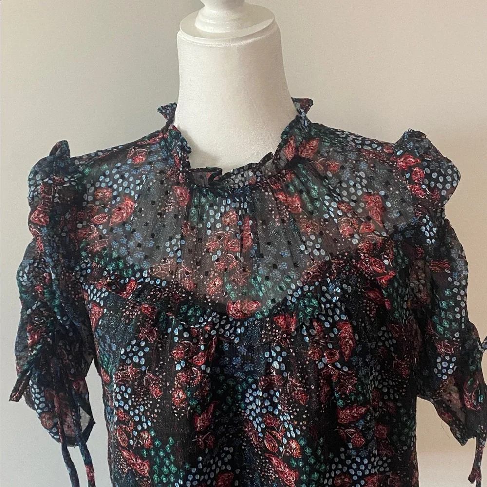 LOFT Floral Sheer Blouse Smocked Ruffle Neck Puff Sleeve Top Small